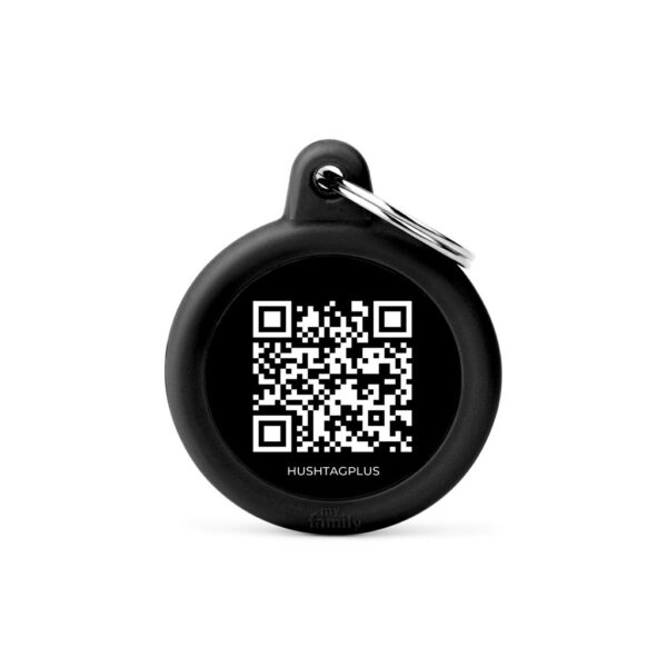 placa-hushtag-plus-qr-code-circulo-negro-de-aluminio-con-goma-negra