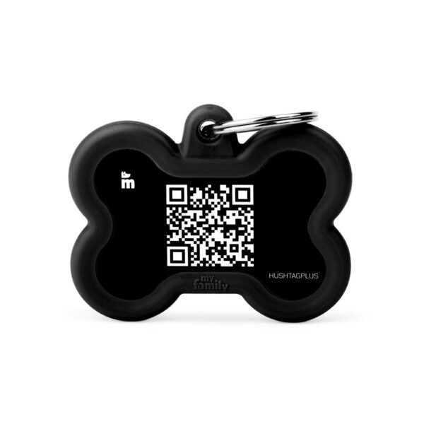 placa-hushtag-plus-qr-code-hueso-negro-de-aluminio-con-goma-negra